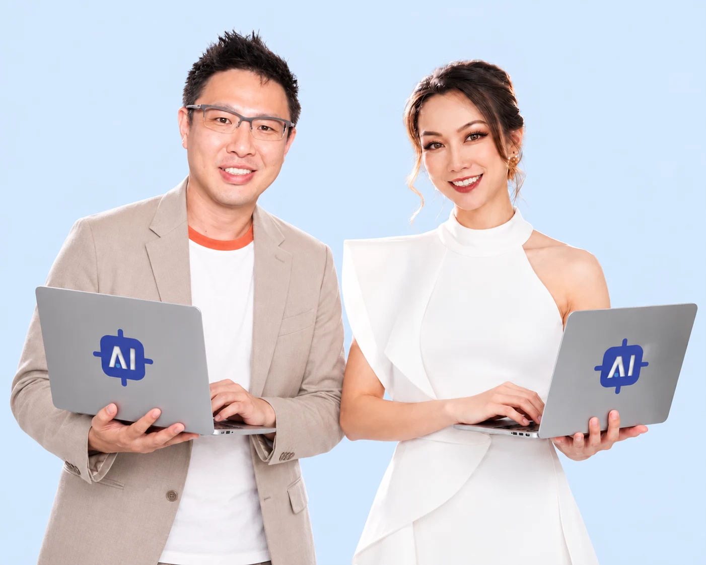 AI-edited portrait of a man and woman standing together with AI Advantage-branded laptops