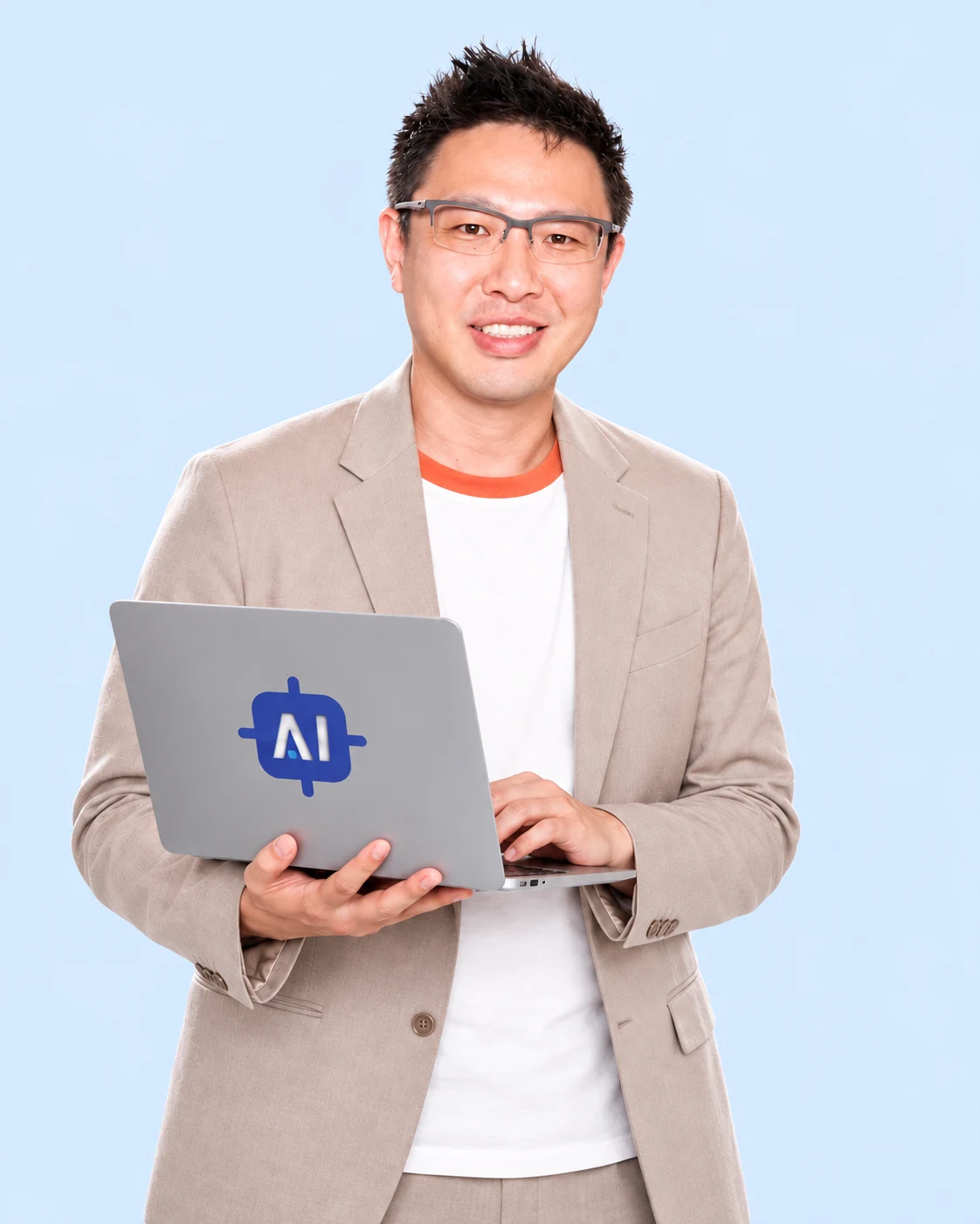 AI-edited portrait of a man holding an AI Advantage-branded laptop